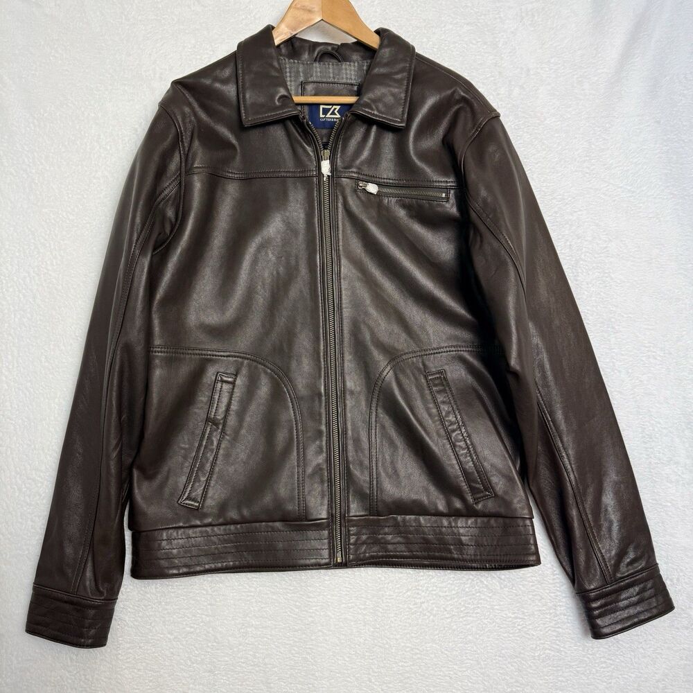 CUTTER & BUCK Mens Large 100% Brown LAMB SKIN Leather Bomber Jacket Coat New